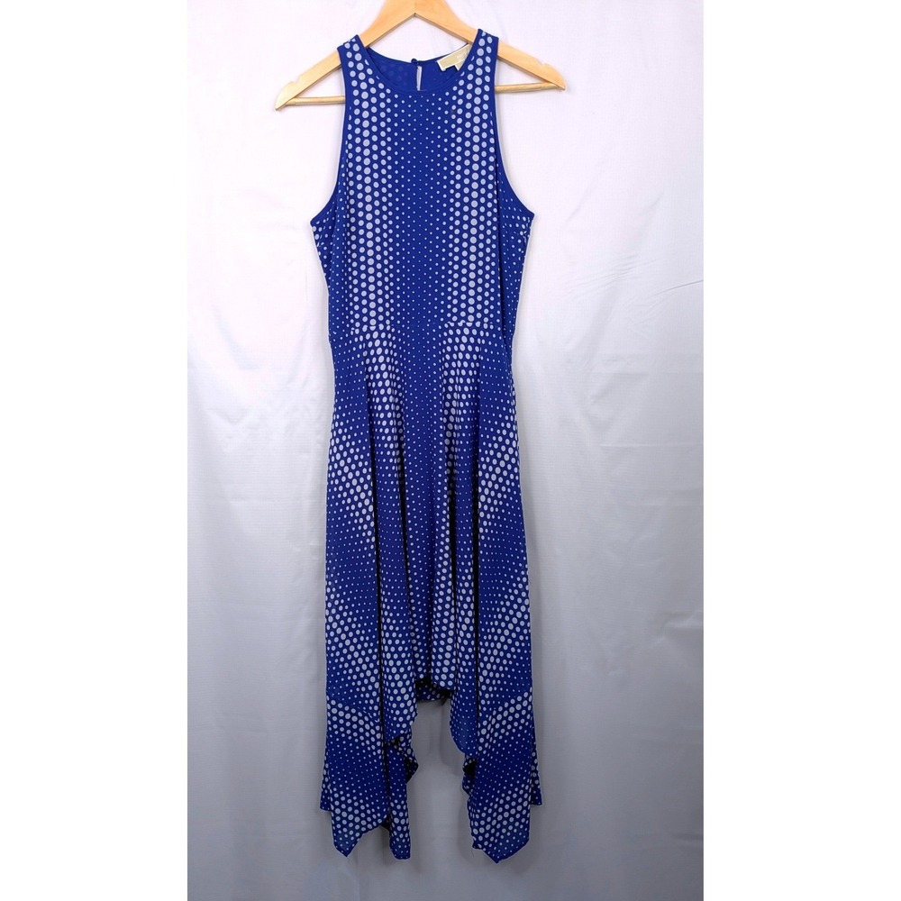 Michael Kors Blue Polka Dot Asymmetrical Hem Dress Size 4 Sleeveless Midi